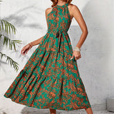Halter Sleeveless Ethnic Print Long Dress